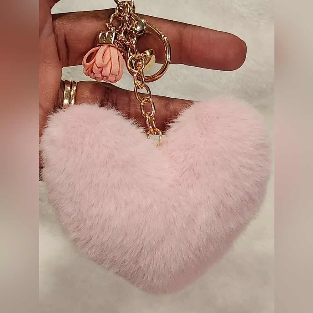 Pink Heart-Shaped Fluffy Keychain with Gold Accents Bag Charm - Picture 5 of 5